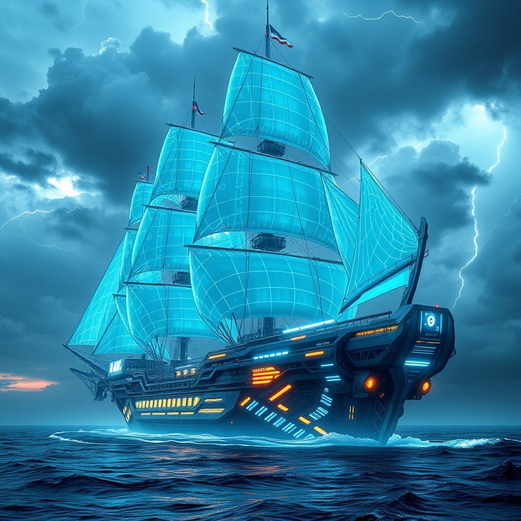 Glowing Cyber Pirate Ship in a Turbulent Futuristic Sky