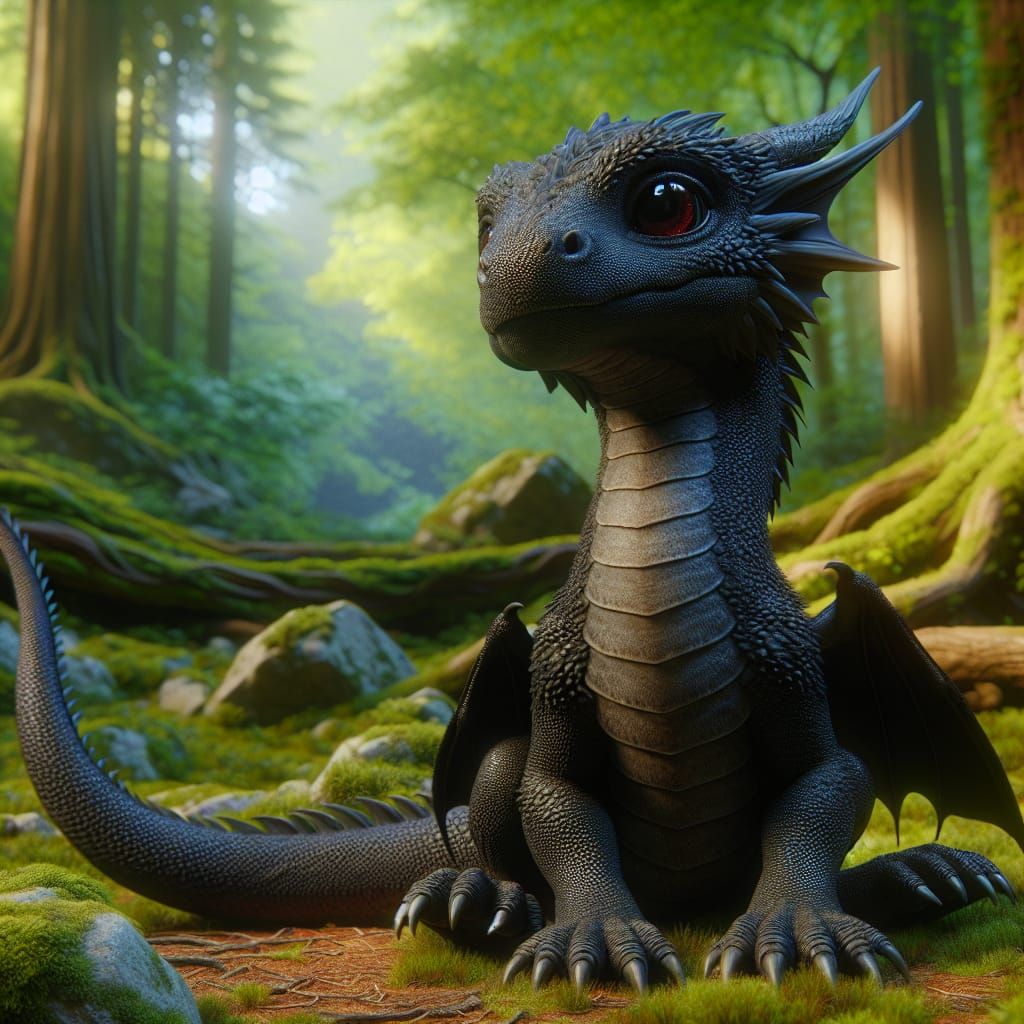Cute Black Dragon in Forest Clearing