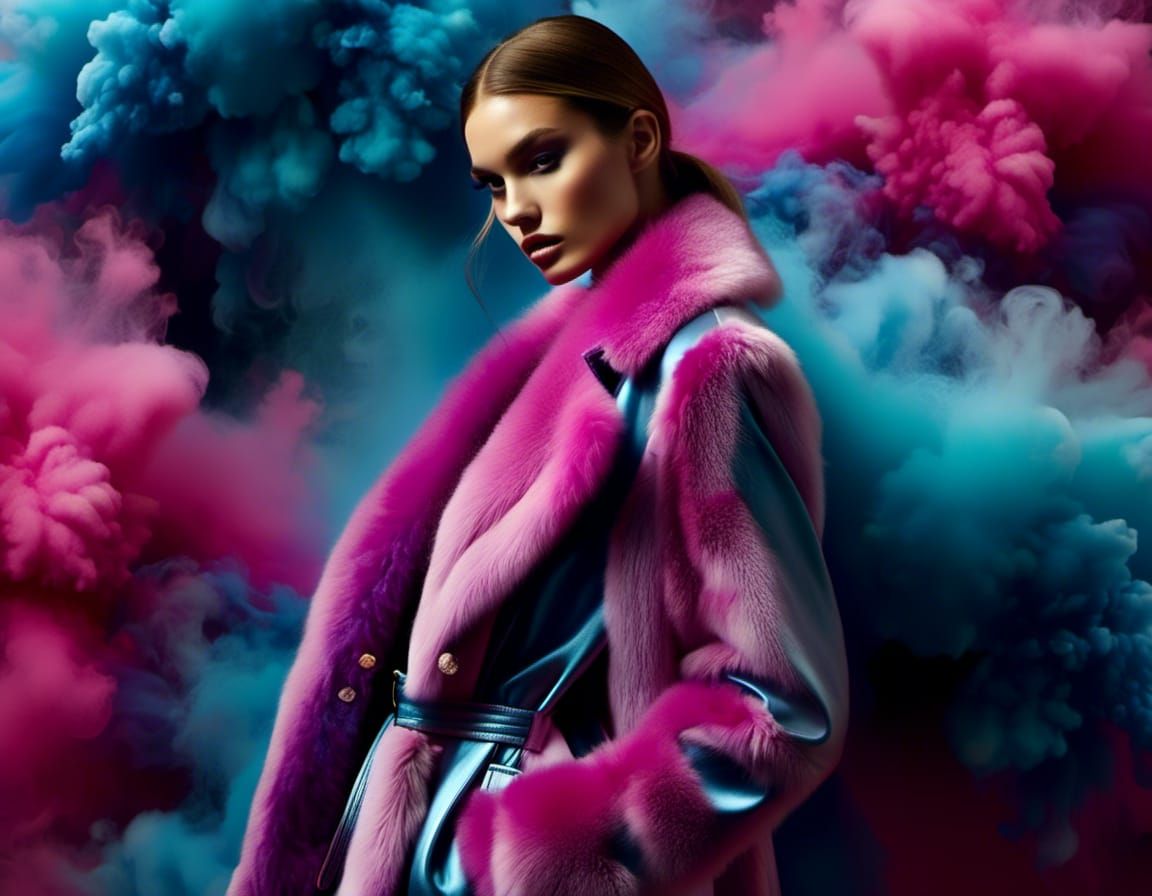 Glamorous Faux Fur Coat with Colored Smoke