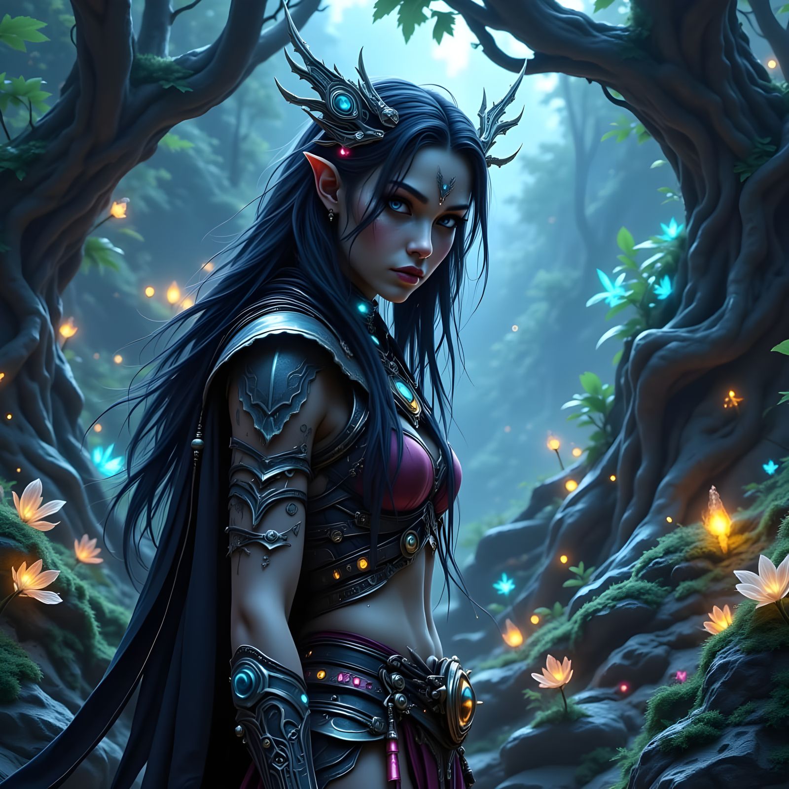Elven Barbarian with Cybernetic Implants in Enchanted Forest