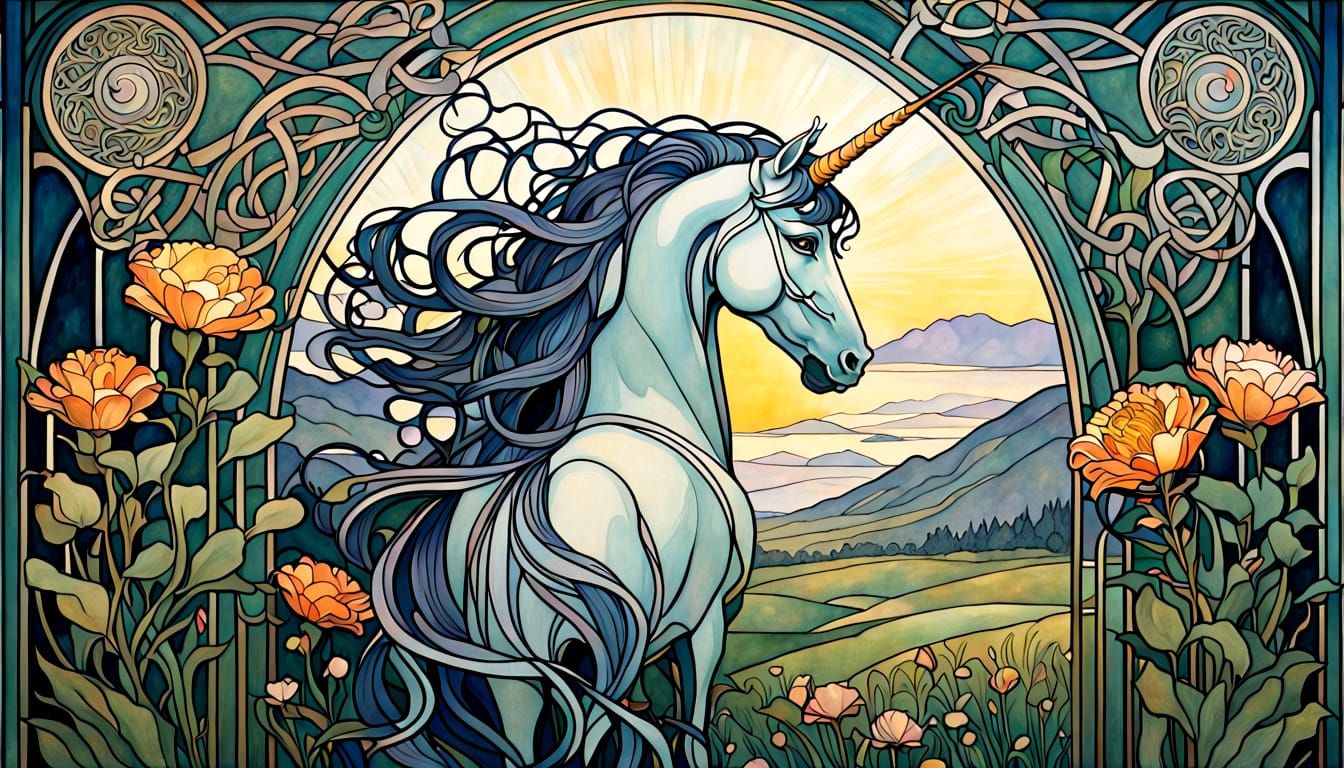 Ethereal Celtic Dreamscape with Unicorn in Morning Light