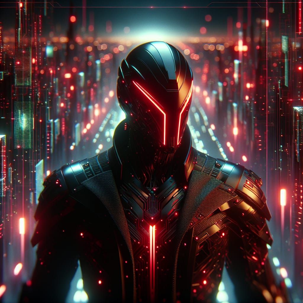 Imposing Figure in Black Armor in Neon Grid World