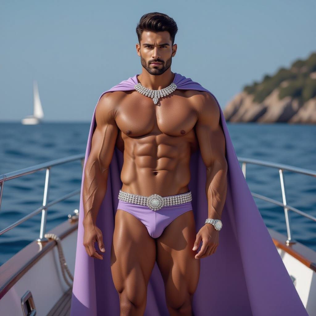 Muscular Indian Man with Diamond Adornments on Yacht