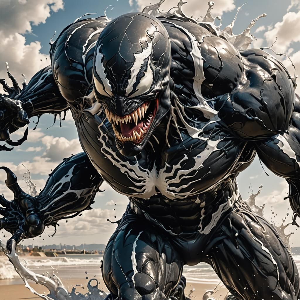 Venom on the Beach in Comic Book Style