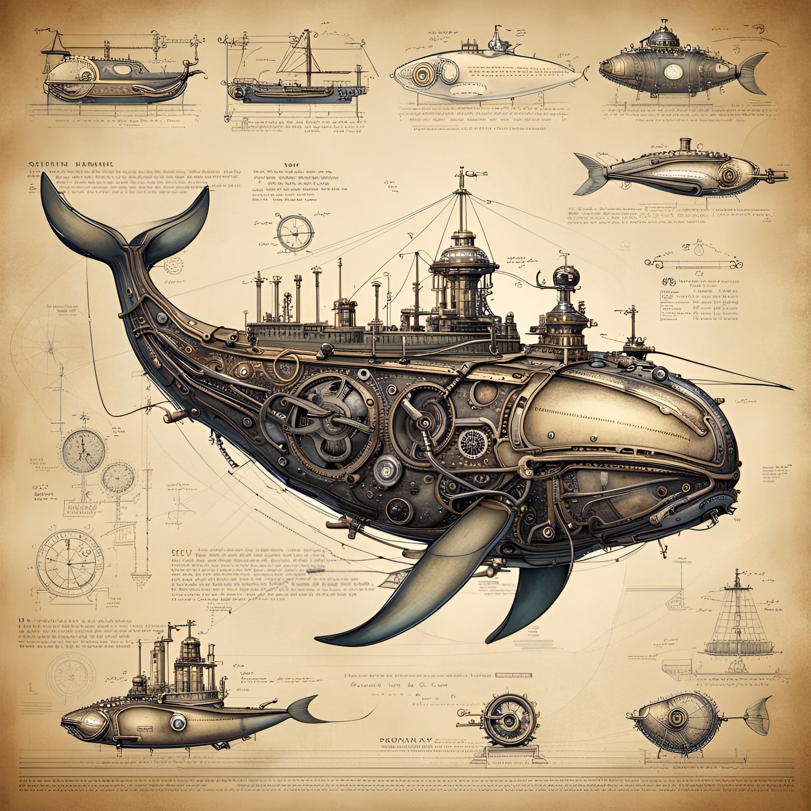 Steampunk Mechanical Whale Blueprint