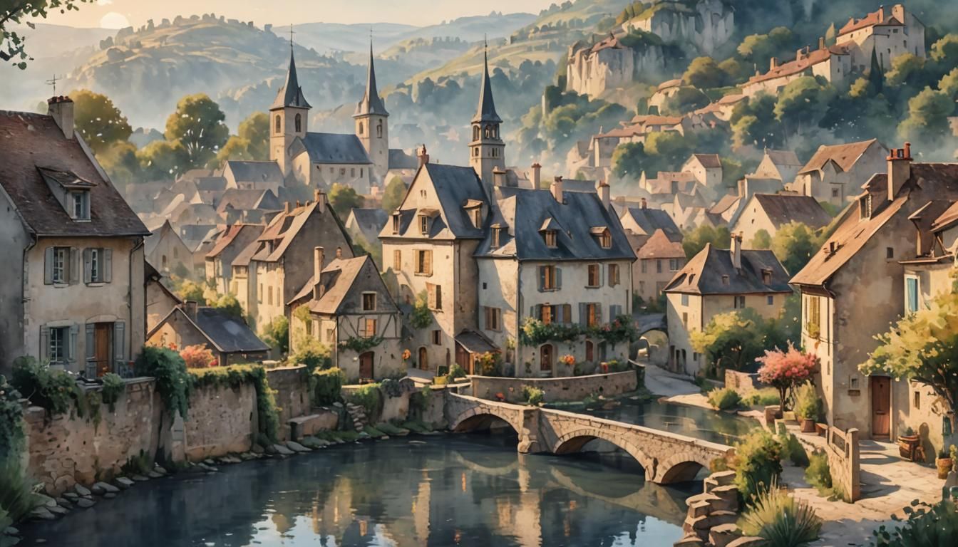 French Village at Dawn in Watercolor Style