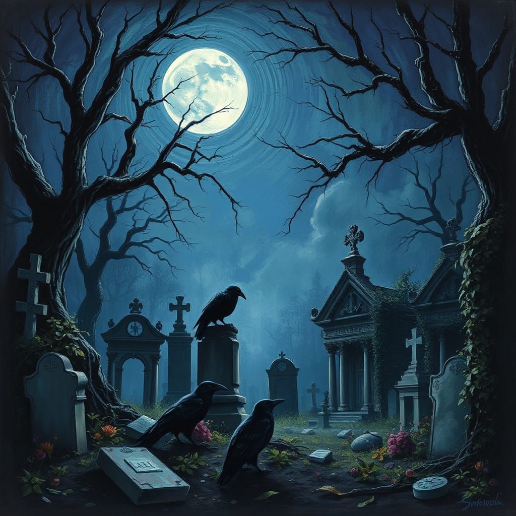 Moonlit Graveyard Ravens in Impasto Style
