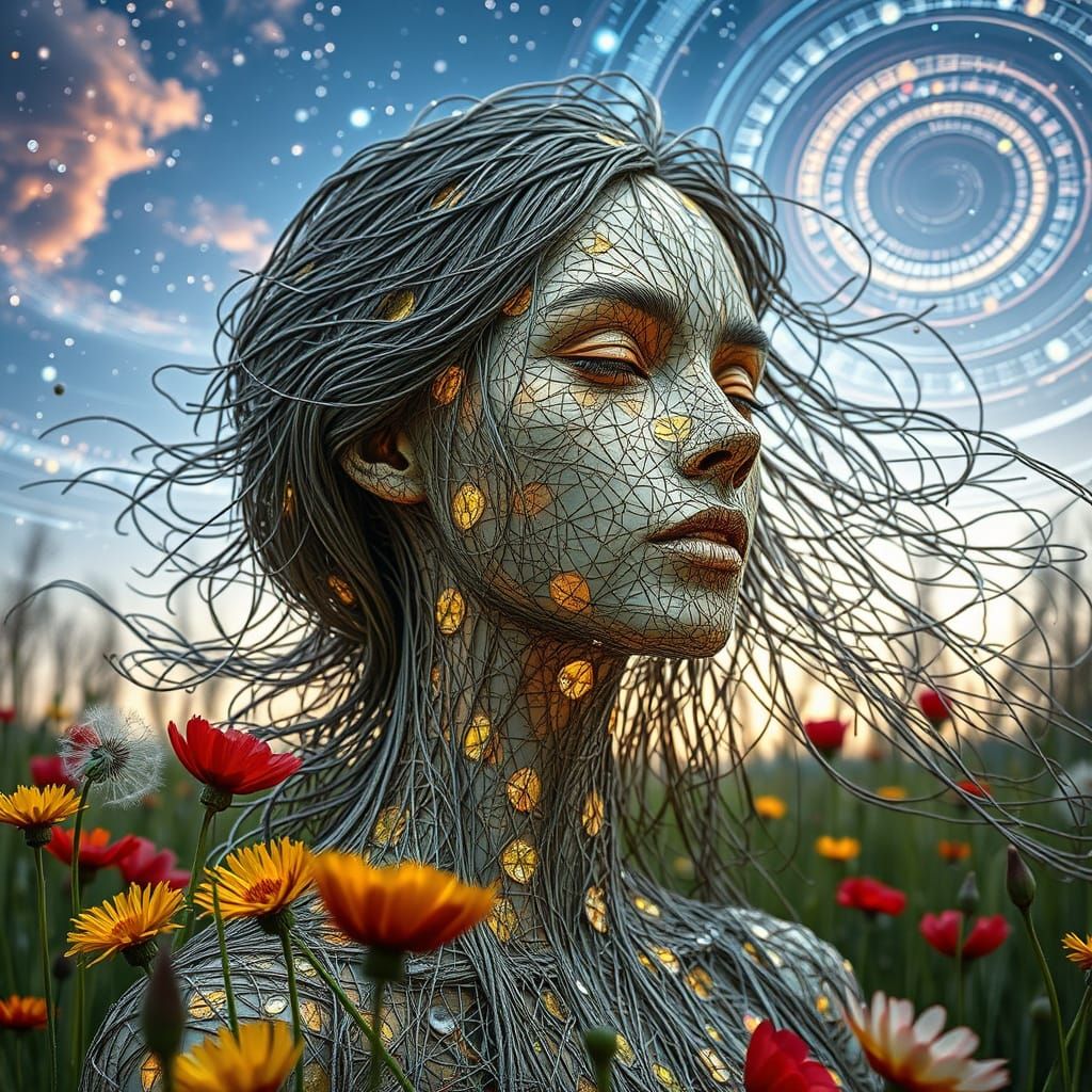 Ethereal String Woman Kissing Garden in Bio-Art Style