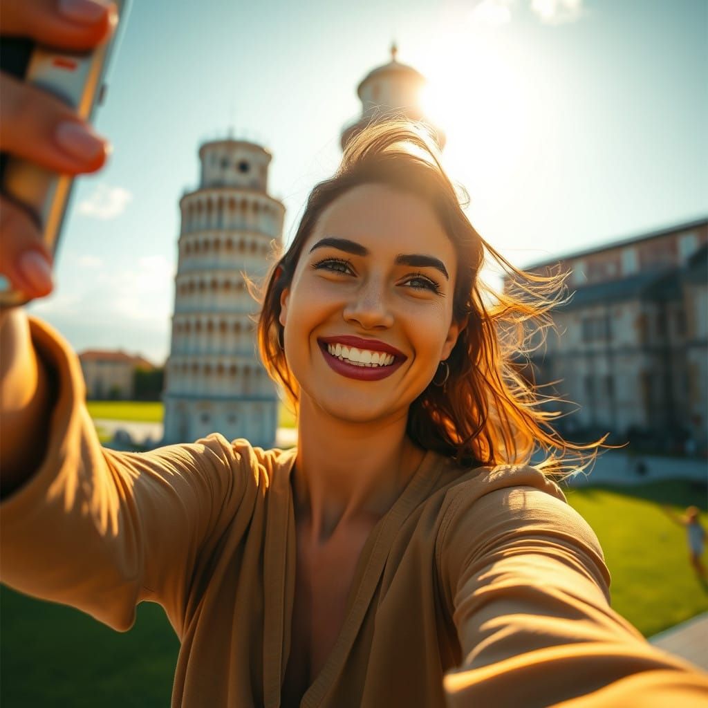 Woman Captured in Joyful Selfie in Front of Leaning Tower of...