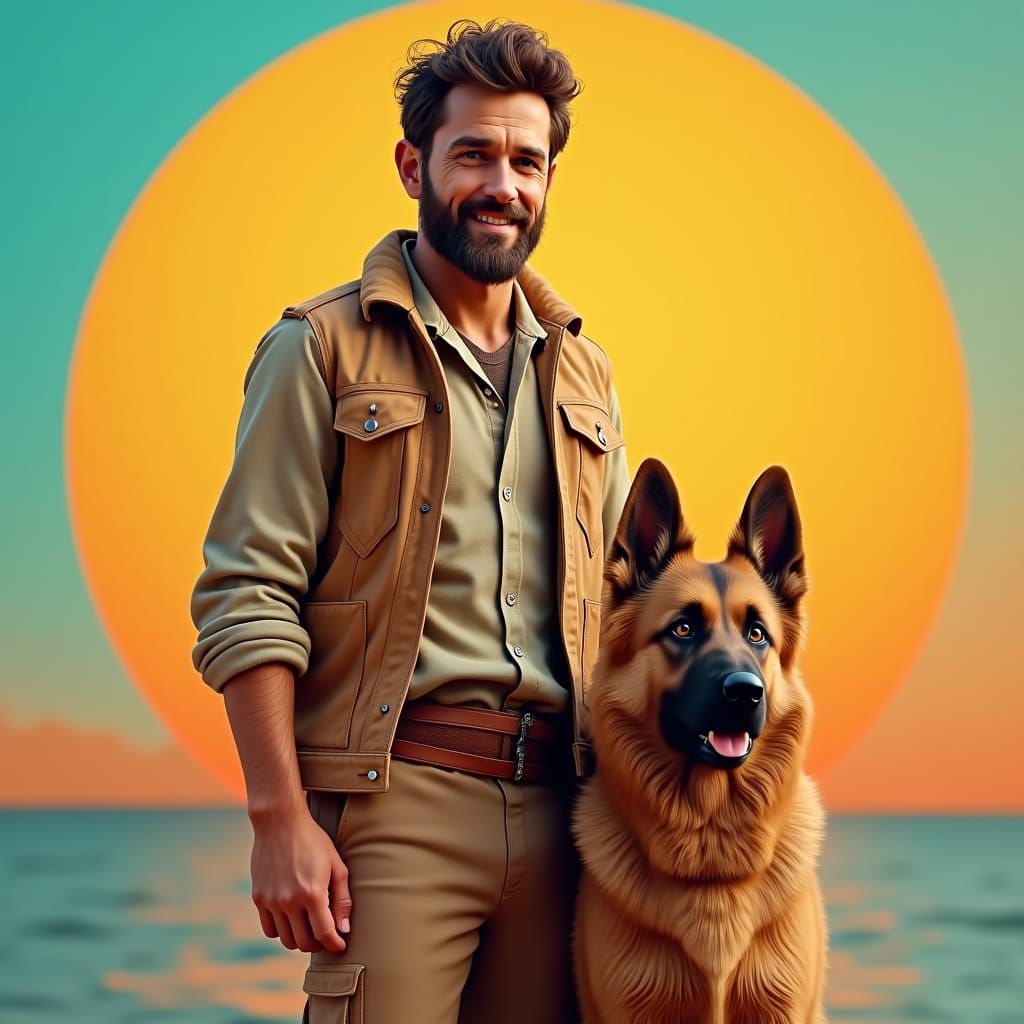 Man and German Shepherd in Stylized Savannah