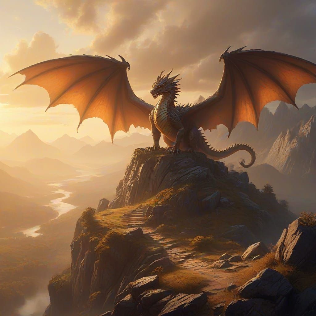 Majestic Dragon on Misty Hill: Oil Painting