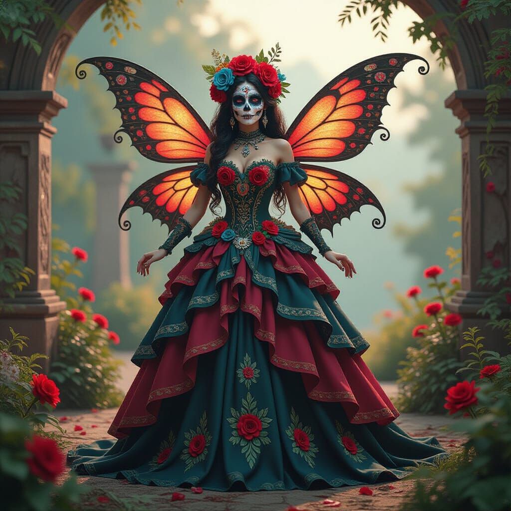 Día de Muertos Fairy in Elaborate Floral Skull Dress