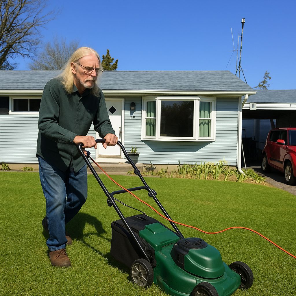 Elderly Man Mows Lawn with Electric Mower