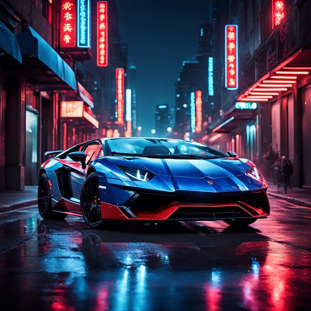 Blue Lamborghini Aventador SVJ in Neon Noir City