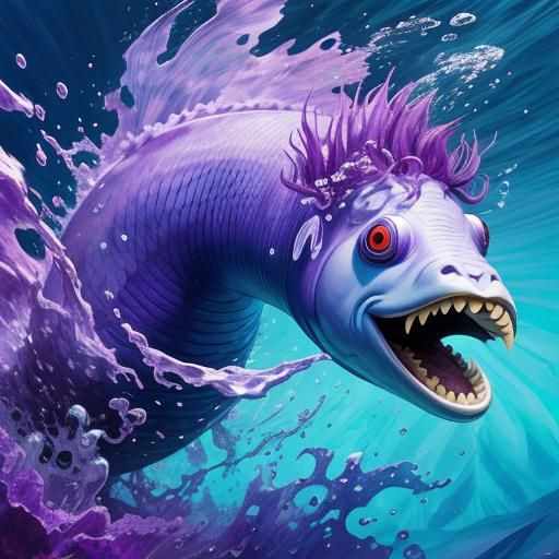 Purple Merman Eating Fish: Abstract 3D Splash Art