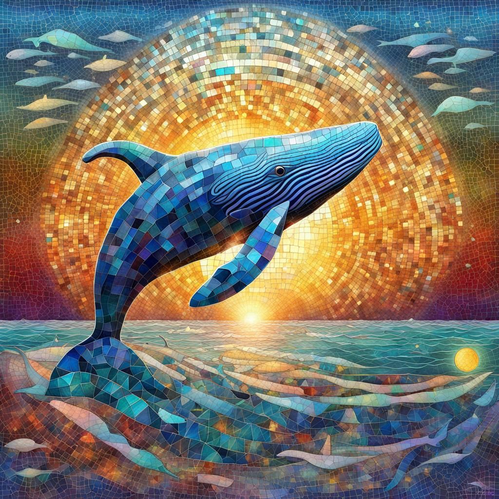 Whale, Sun, and Ocean in Mosaic Style