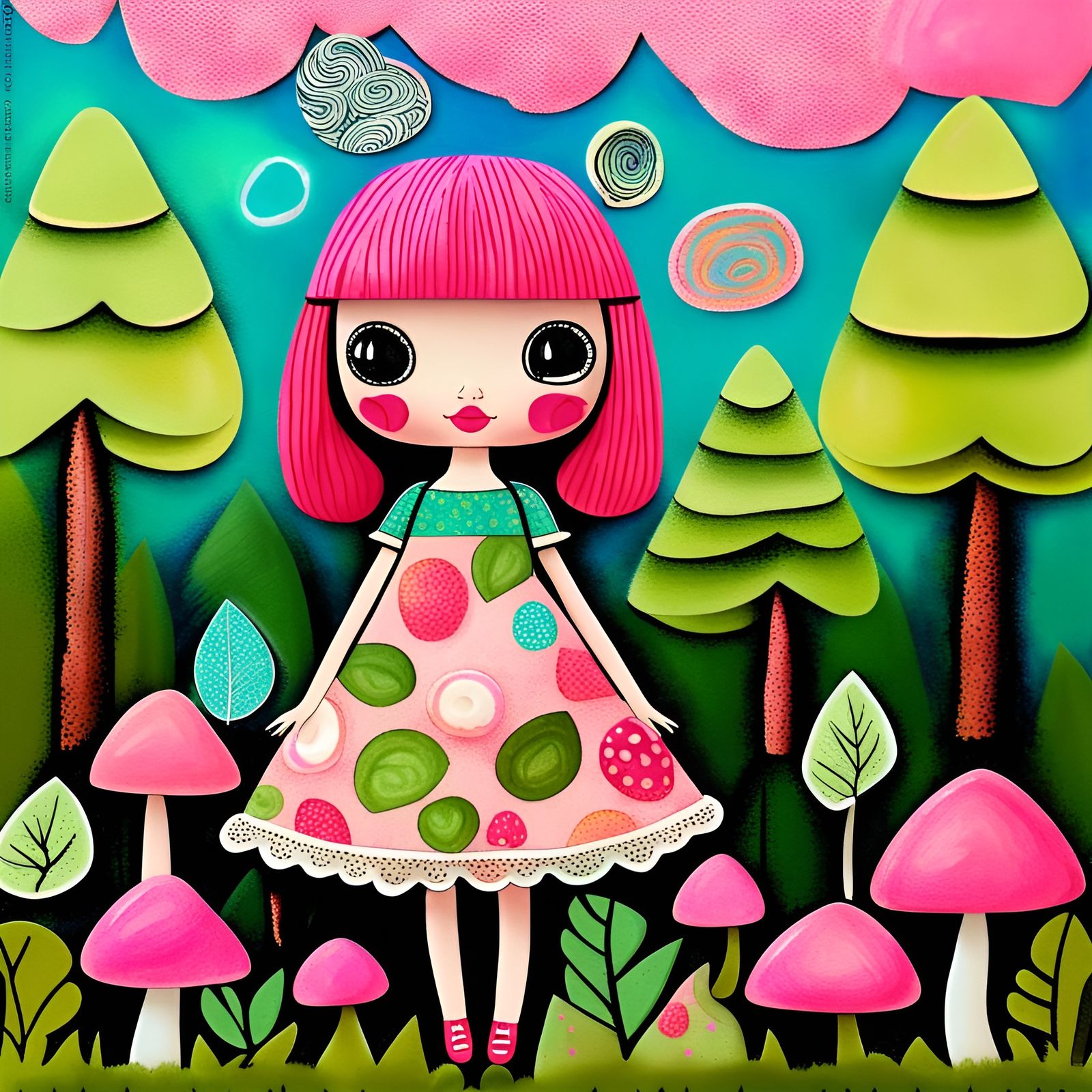 Adorable Blythe Doll in Pink Forest, Art Brut Style
