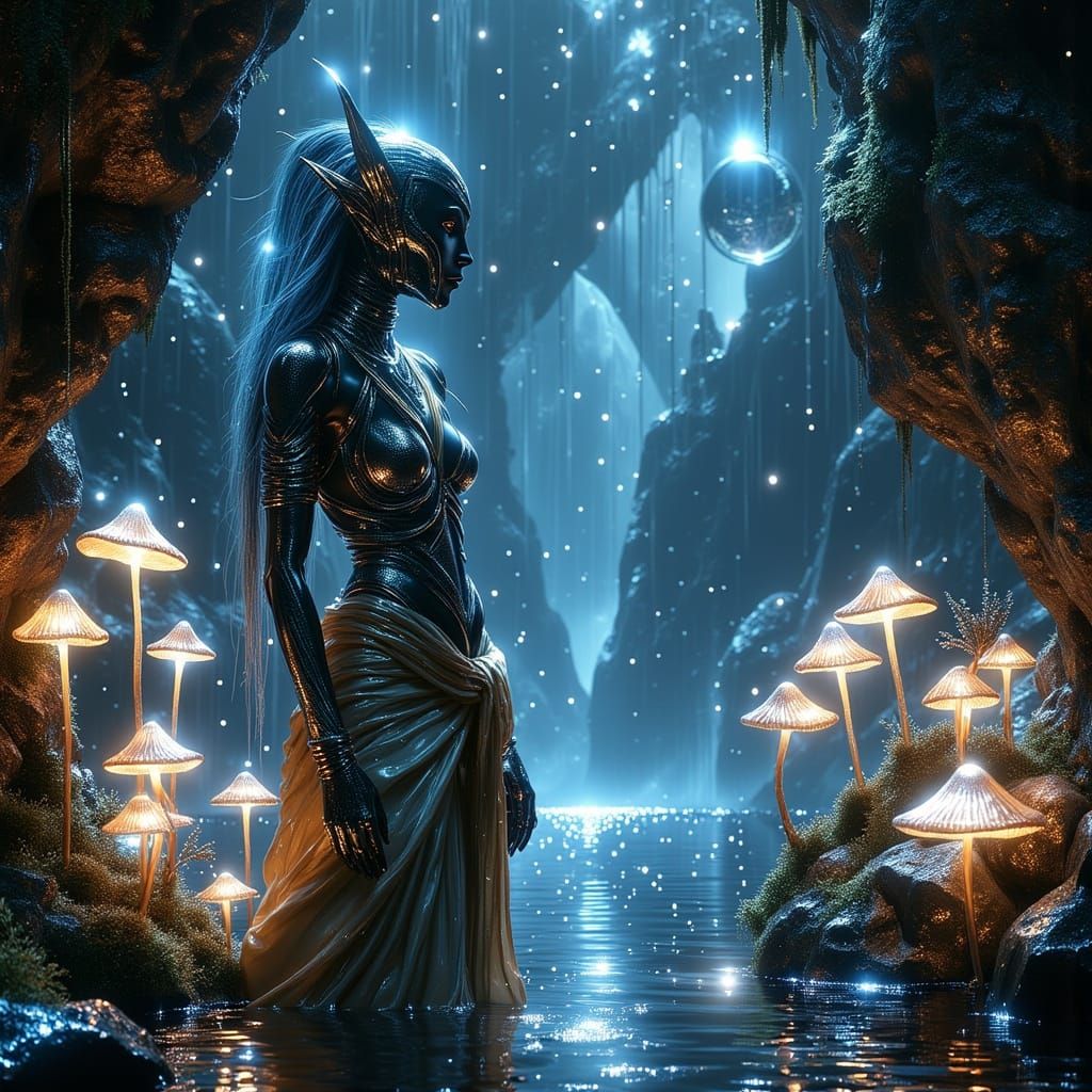 Dark Elf in Ethereal, Bioluminescent Realm