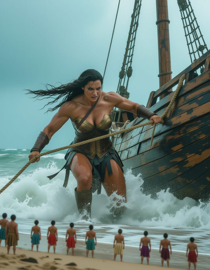 Colossal Amazon Warrior Wades Ashore with Ship