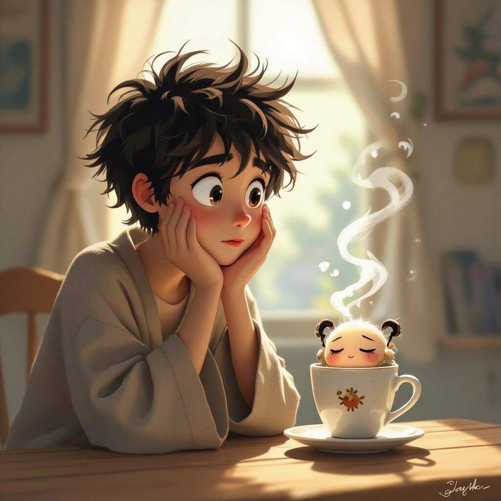 Whimsical Coffee Cup Comes Alive with Exhausted Human