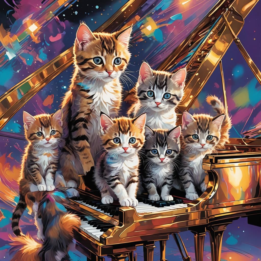 Kittens Play on Iridescent Piano: Comic Book Art