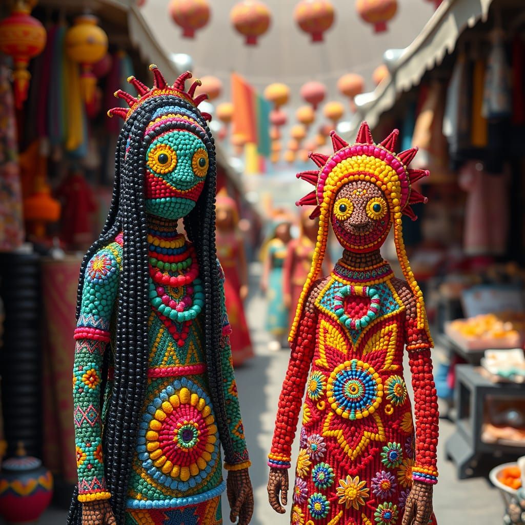 Vibrant Beaded Figures in a Lively Marketplace