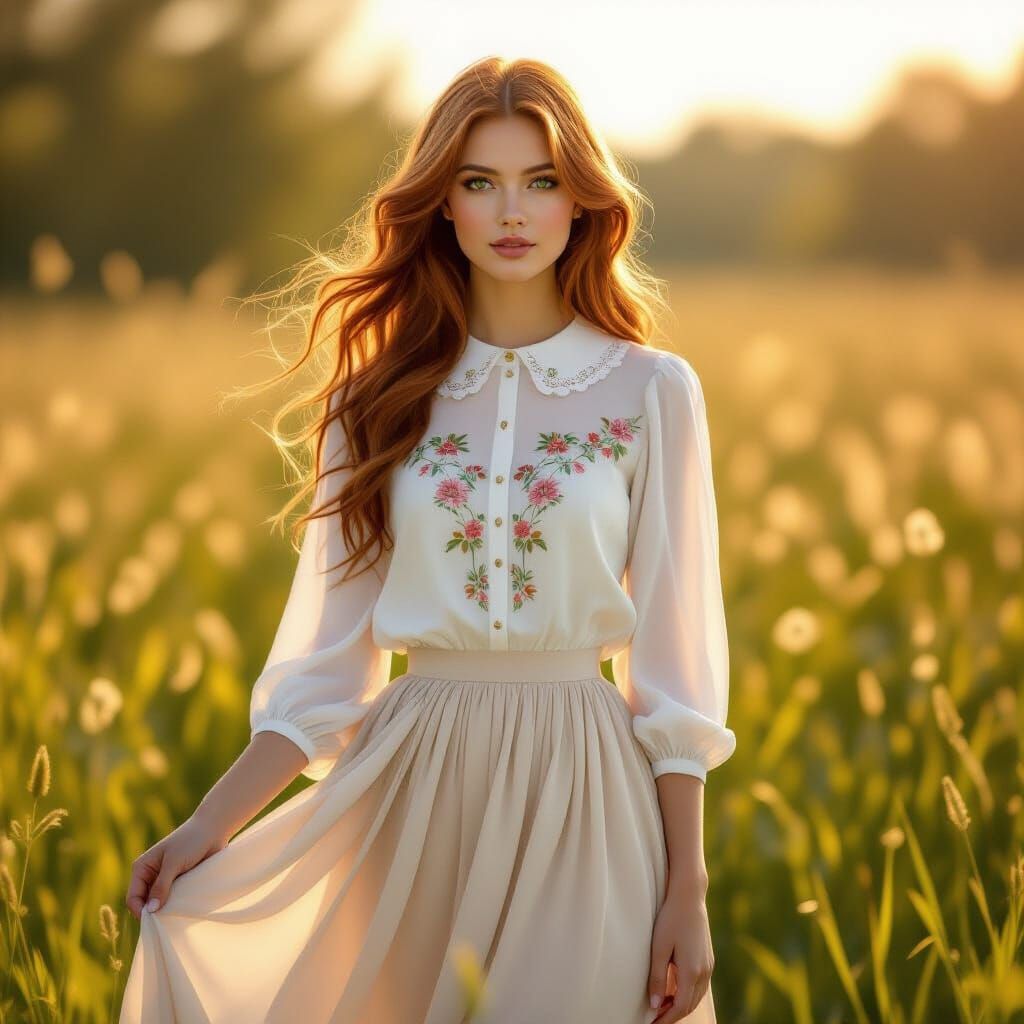 Ethereal Woman in Sunlit Meadow, Hyperrealistic Style