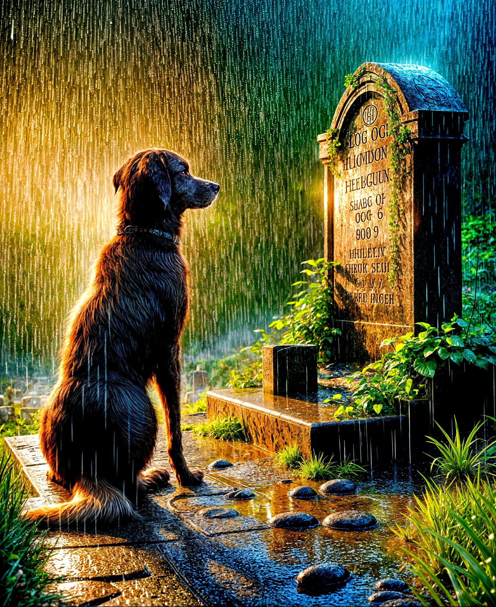 Loyal Dog Sits Beside Gravestone in Vivid Rainy Scene
