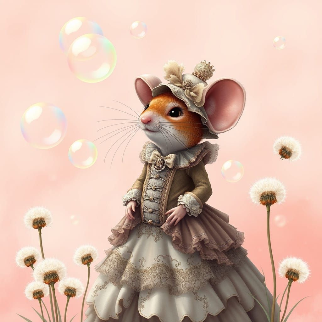 Victorian Lady Mouse Plays Among Whimsical Bubbles in Dreamy...