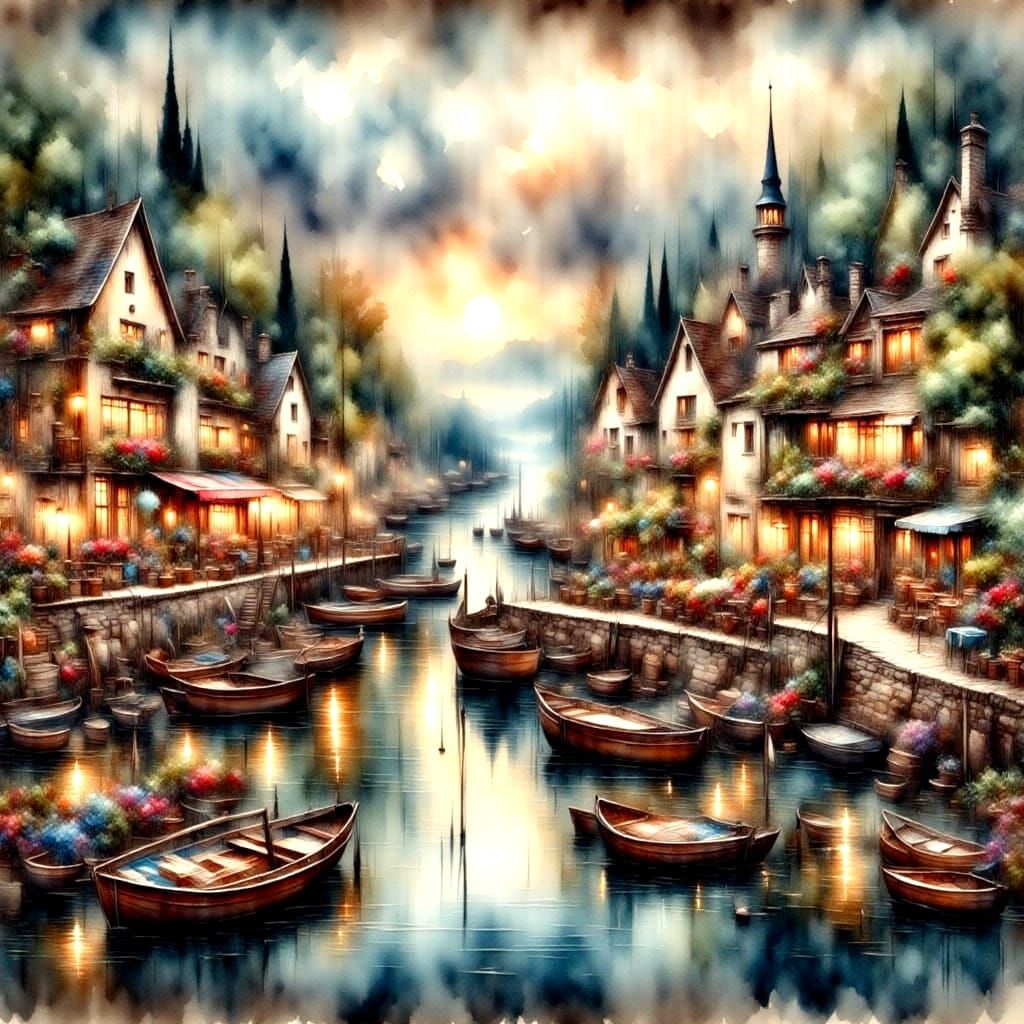 Antique Watercolor Seaside Village at Dusk