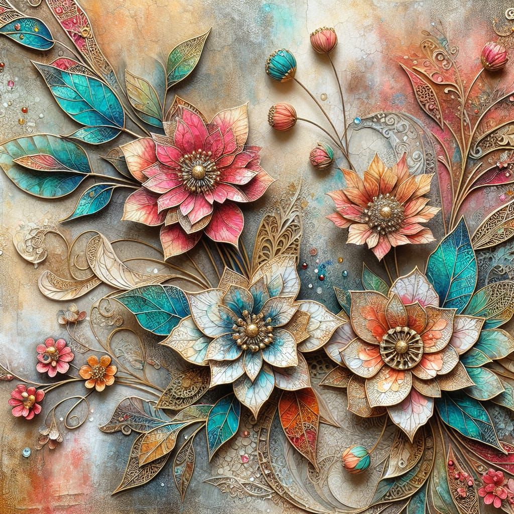 Vibrant 3D Flowers and Gold Filigree in Watercolor