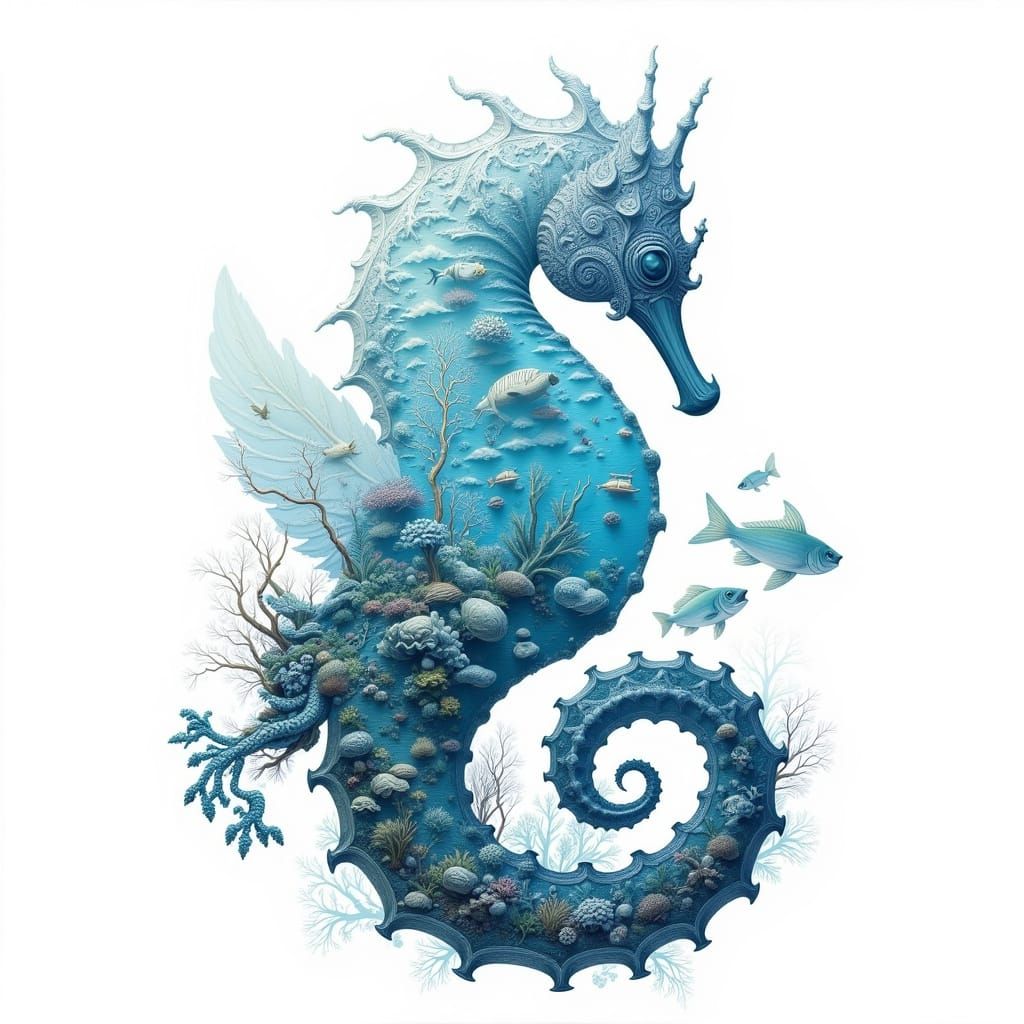 Majestic Seahorse Kingdom Panorama in Intricate Line Art