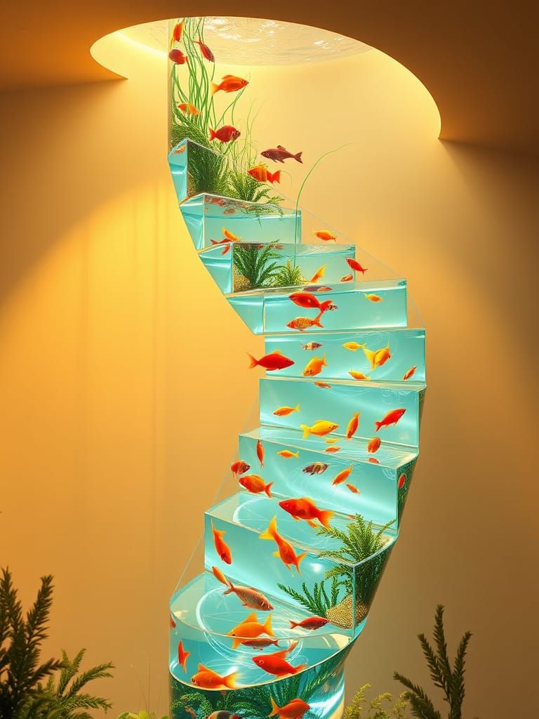 Futuristic Glass Staircase with Luminous Fish Tanks