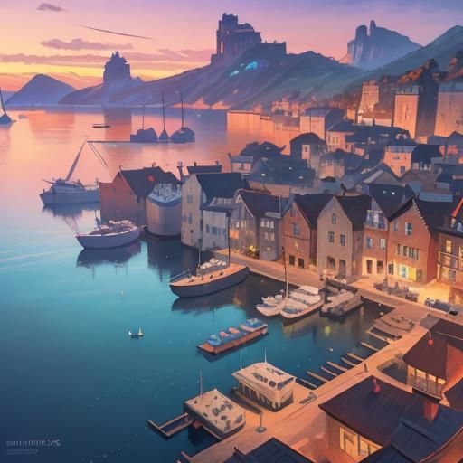 Harbor Sunset: A Drone's-Eye Fantasy Landscape