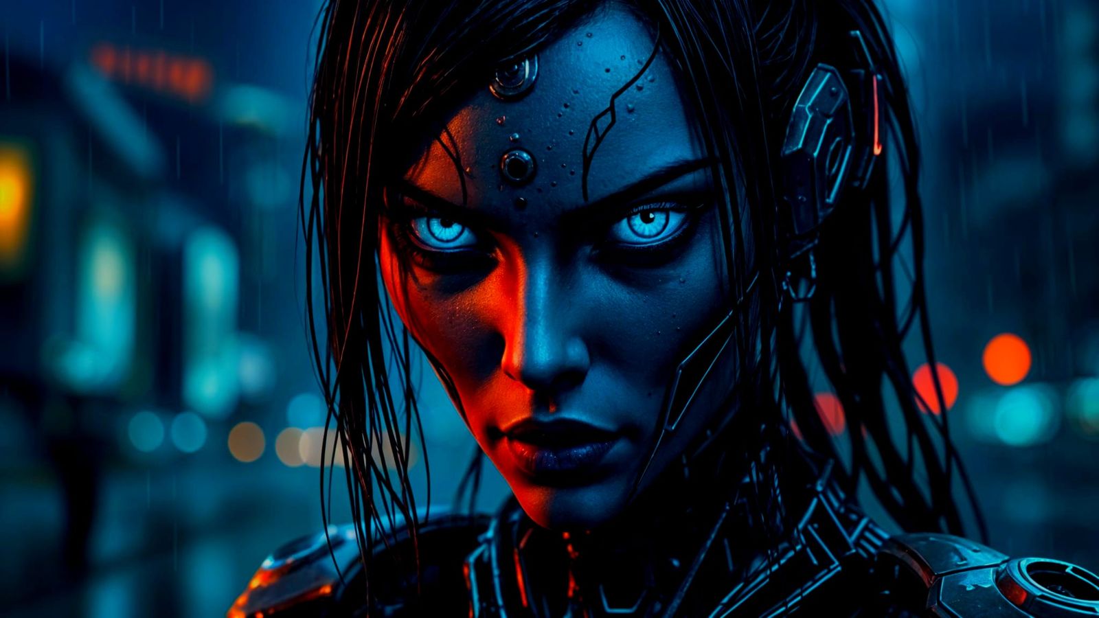 Cyberpunk Robot Woman in the Rain
