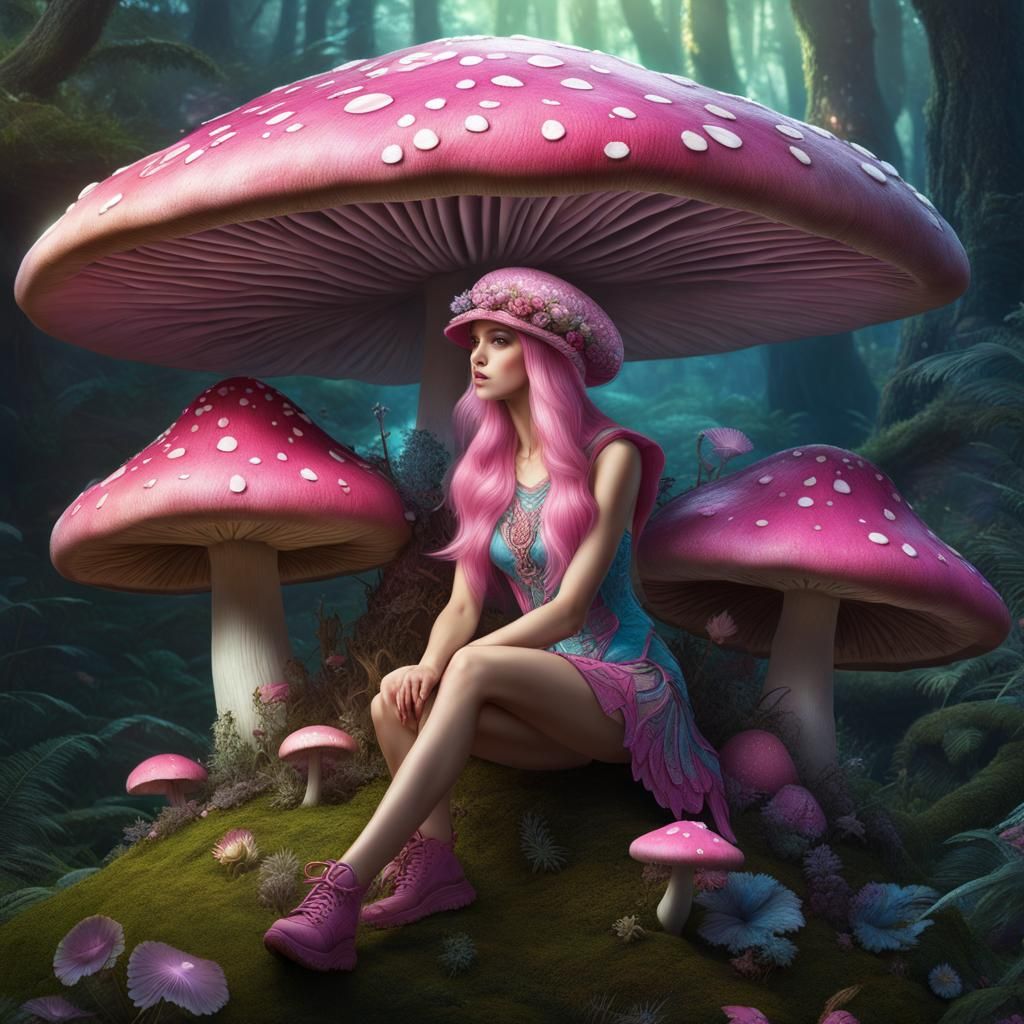 Fairy in Mushroom Land with Pink Wings