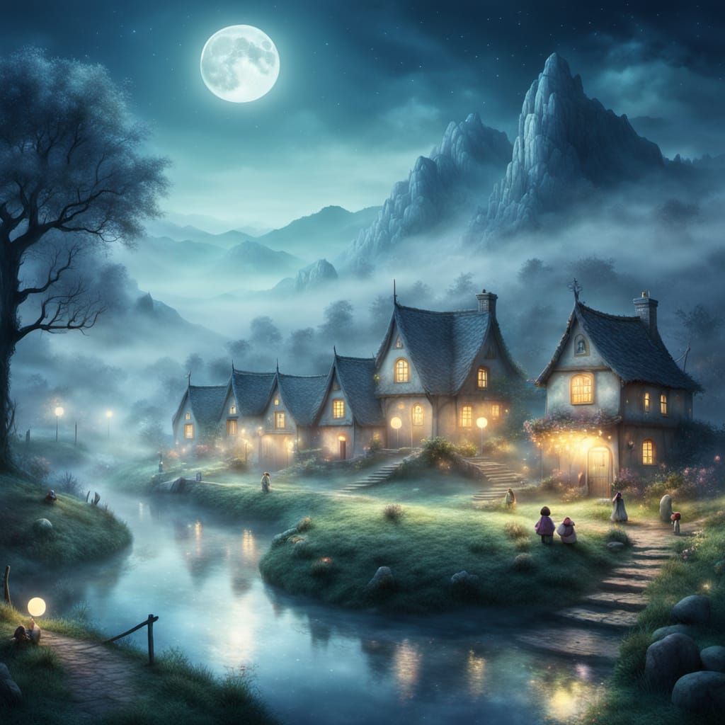 Ethereal Fantasy Children Play Under Luminous Full Moon