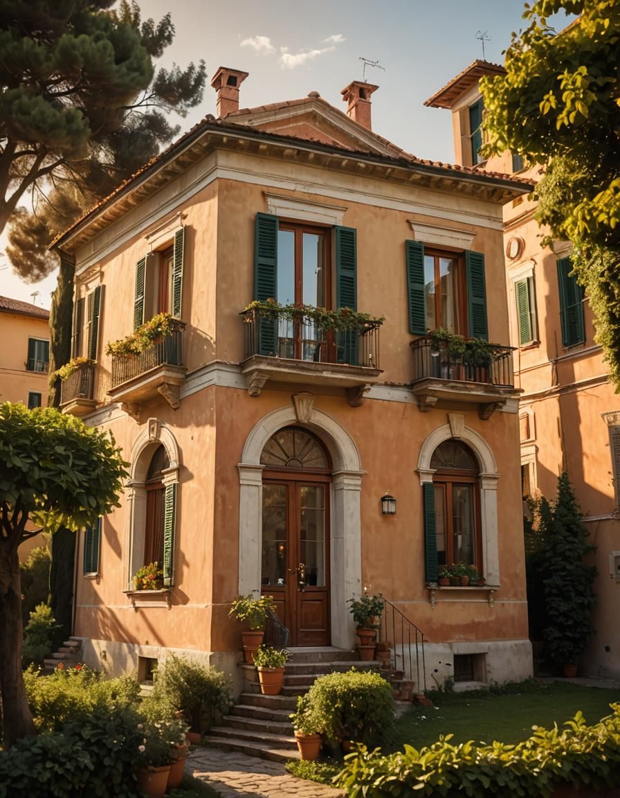 Italianate Villa with Terra Cotta Roof in Golden Light