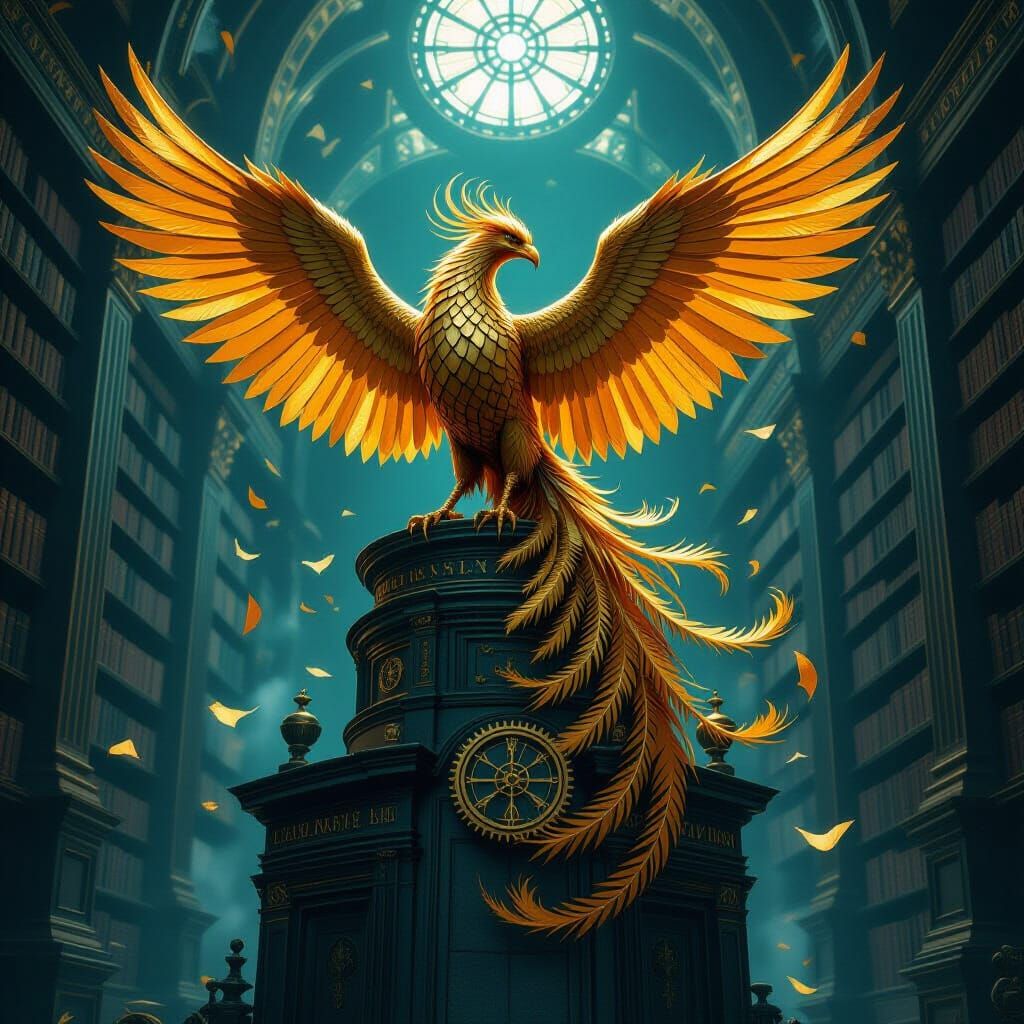 Steampunk Phoenix on Ancient Library, Art Nouveau Fantasy Ar...