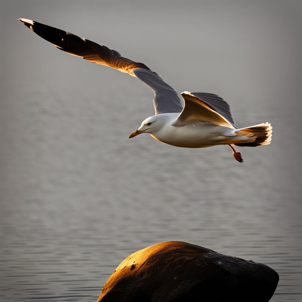 Golden Seagull in Flight: Stylized Digital Art