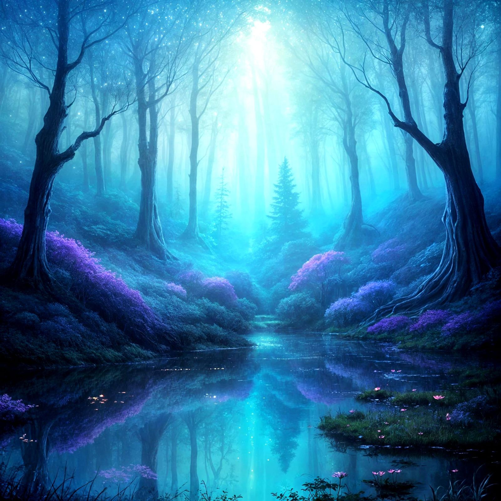 Mystical Forest River at Moonlight, Painterly Fantasy Illust...