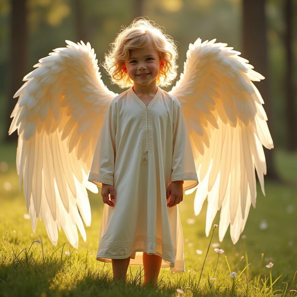 Boy with Golden Hair and Wings in Dreamy Light