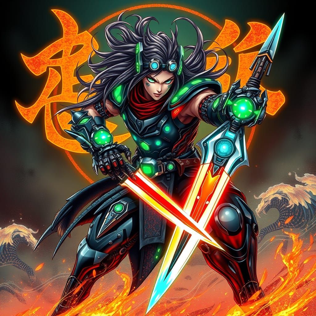 Cyberpunk Warrior with Dragon Gauntlets in Anime-Steampunk S...