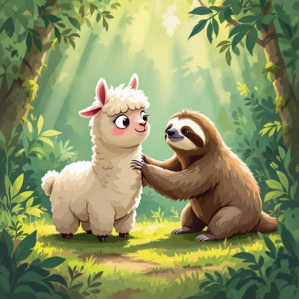 Grumpy Alpaca Nudged by Serene Sloth in Jungle