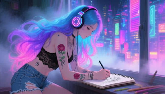 Anime Woman Drawing in Neon Cityscape
