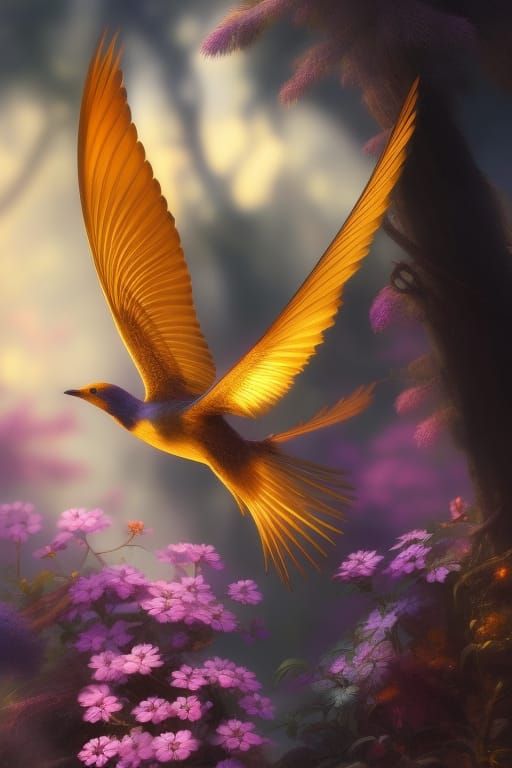 Fantasy Bird with Flowers: Digital Matte Painting