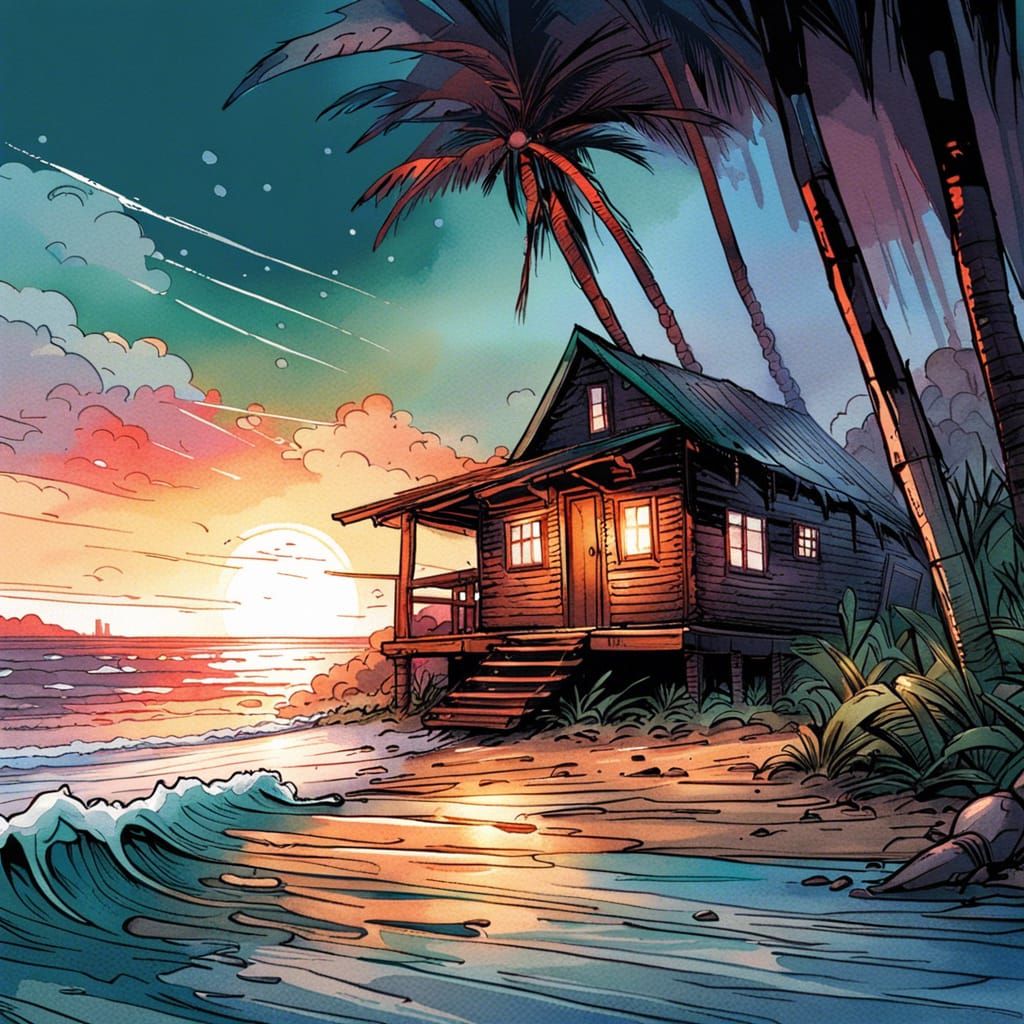 Cabin on Hawaiian Beach in Watercolor Comic Style