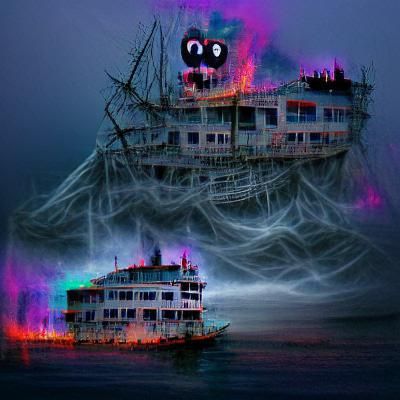Ethereal Ghost Ship Sailing on Dark Ocean