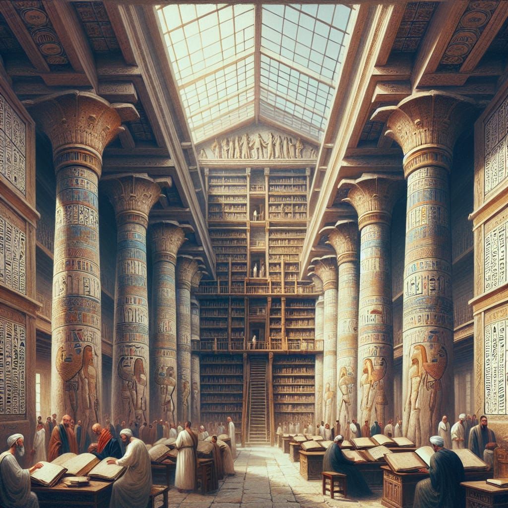Ancient Library of Alexandria: Vintage Hand-Painted Scene