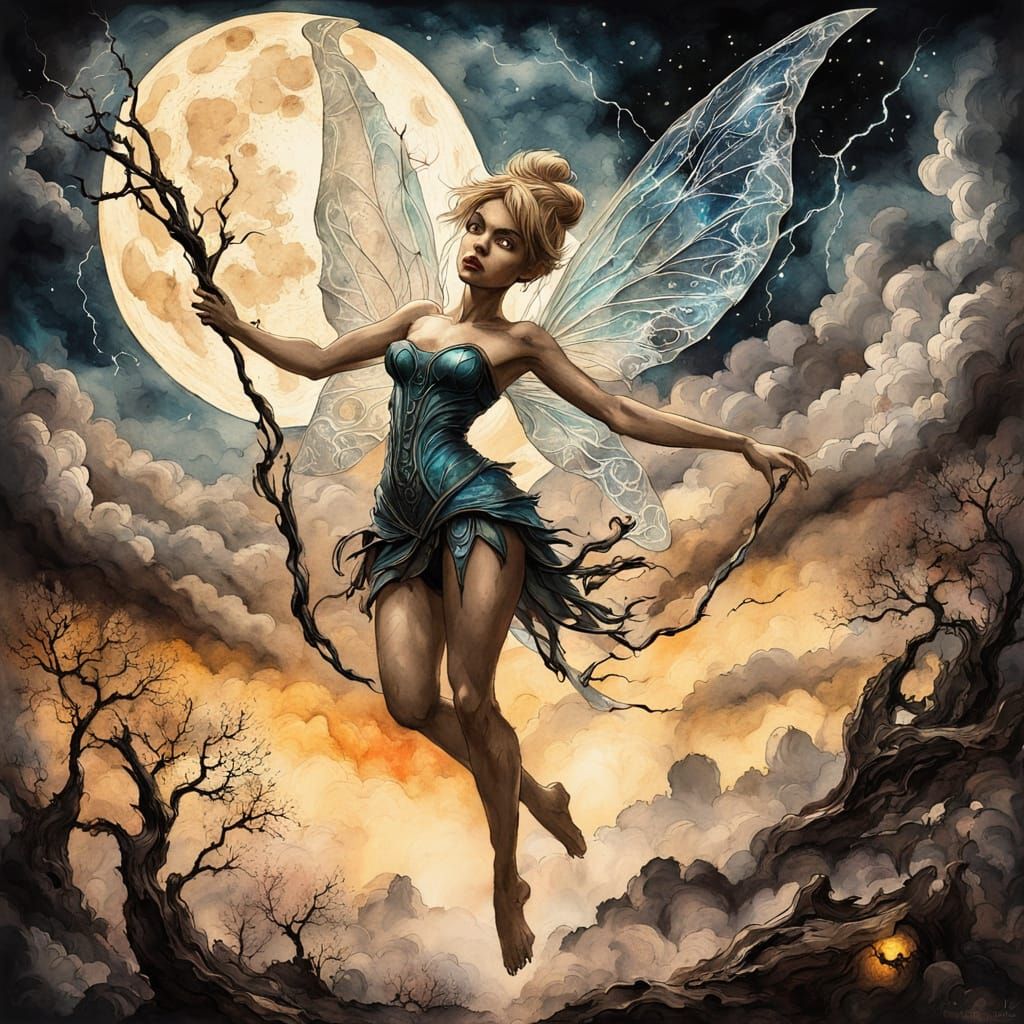 Majestic Storm Goddess Rises with Bat Wings in a Twisted, Po...